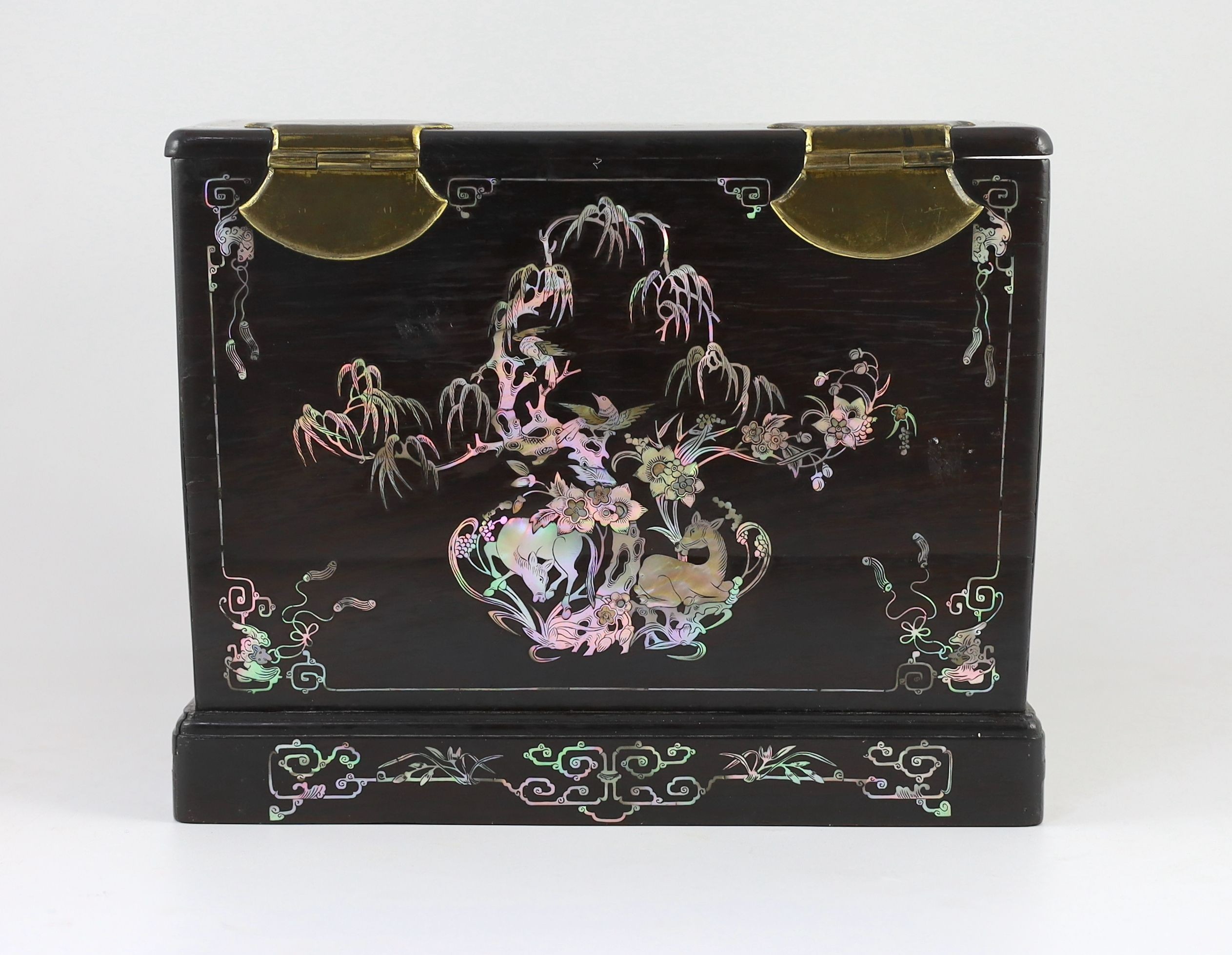 A Chinese hongmu and mother-of-pearl make up or jewellery box, late 19th century, 36 cm x 27 cm